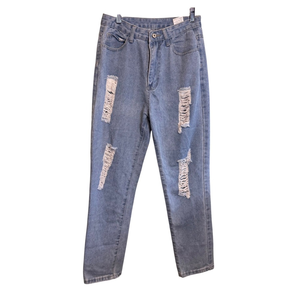 SHEIN Womens High Rise Distressed Straight Leg Denim‎ Mom Jeans Light Wash M 29